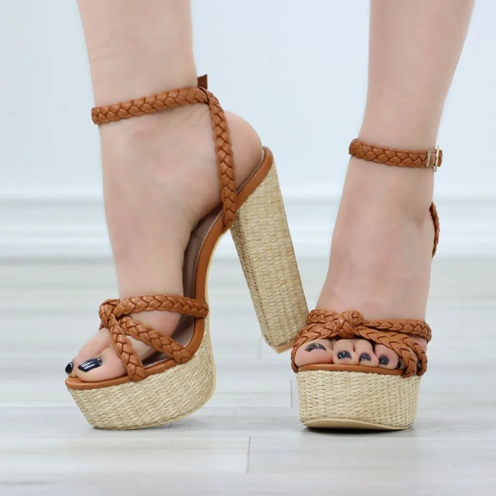 Brown Basket Weave Raffia Block High Heel Platforms - Picture 11 of 12